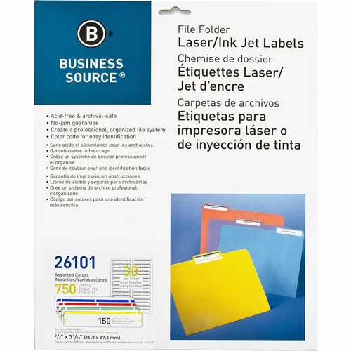 Laser/Inkjet File Folder Labels, 21/32" Width x 3 7/16" Length, Permanent Adhesive, Rectangle, Laser, Inkjet, Assorted, 30 / Sheet, 750 / Pack, Jam-free, Lignin-free, Self-adhesive Questions & Answers