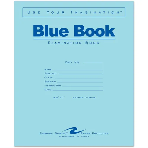 Blue Book 8-sheet Exam Booklet, 8 Sheets, Stapled, Ruled Margin, 15 lb Basis Weight, 7" x 8 1/2", White Paper, Blue Cover, Dual Sided, 1 Each Questions & Answers