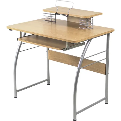 Computer Desk with Upper Shelf, Laminated Rectangle Top, 23.60" Table Top Width x 35.40" Table Top Depth, 35.20" HeightAssembly Required, Maple, Metal, 1 Each Questions & Answers