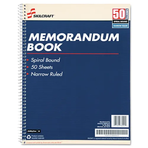 7530002866952, SKILCRAFT Spiralbound Memorandum Book, Medium/College Rule, Blue/White Cover, (50) 11 x 8.5 Sheets, 12/Pack Questions & Answers