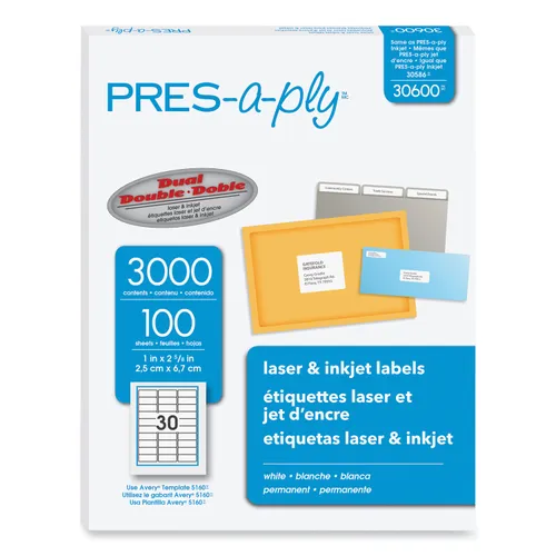 Labels, Laser Printers, 1 x 2.63, White, 30/Sheet, 100 Sheets/Box Questions & Answers