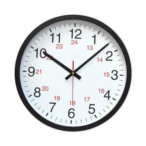 24-Hour Round Wall Clock, 12.63" Overall Diameter, Black Case, 1 AA (sold separately) Questions & Answers