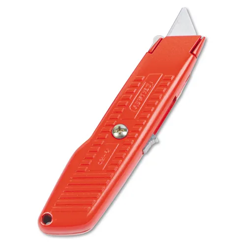 Interlock Safety Utility Knife with Self-Retracting Round Point Blade, 5.63" Metal Handle, Red Orange Questions & Answers