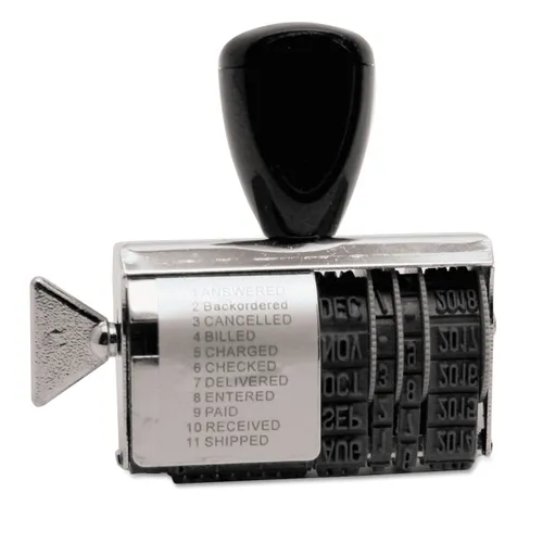 Rubber 11-Message Dial-A-Phrase Date Stamp, Conventional, 2" x 0.38" Questions & Answers