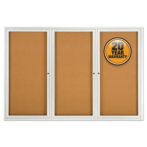 Enclosed Indoor Cork Bulletin Board with Three Hinged Doors, 72 x 48, Tan Surface, Silver Aluminum Frame Questions & Answers