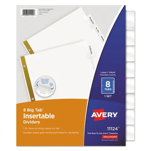 Insertable Big Tab Dividers, 8-Tab, Double-Sided Gold Edge Reinforcing, 11 x 8.5, White, Clear Tabs, 1 Set Questions & Answers