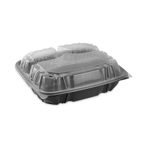 EarthChoice Vented Dual Color Microwavable Hinged Lid Container, 3-Comp Base/Lid, 34 oz, 10.5x9.5x3, Blk/Clr, Plastic, 132/CT Questions & Answers