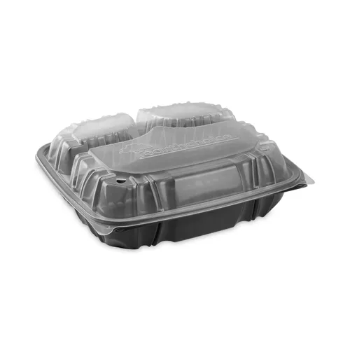 EarthChoice Vented Dual Color Microwavable Hinged Lid Container, 3-Compartment Base/Lid, 34 oz, Black/Clear, Plastic, 132/CT Questions & Answers