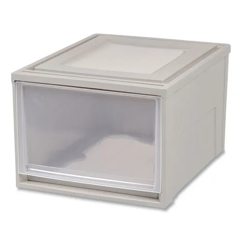 Stackable Storage Drawer, 10.85 gal, 15.75" x 19.62" x 11.5", Gray/Translucent Frost Questions & Answers