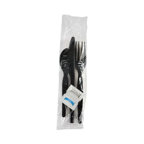 Six-Piece Cutlery Kit, Condiment/Fork/Knife/Napkin/Spoon, Heavyweight, Black, 250/Carton Questions & Answers