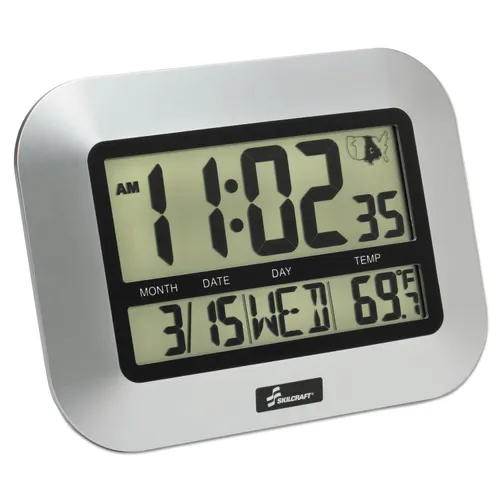 6645016611877 SKILCRAFT LCD Digital Radio-Controlled Clock, 7.25" x 9.75", Silver Case, 2 AAA (sold separately) Questions & Answers