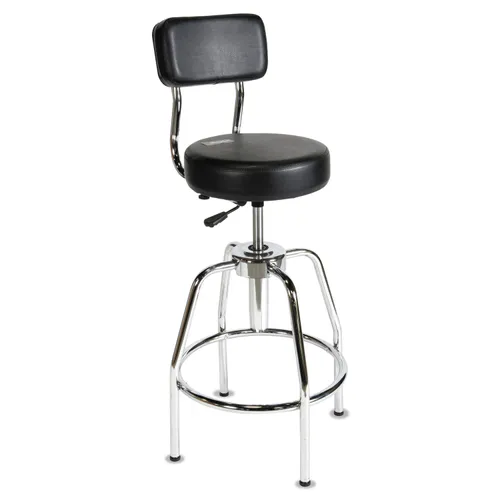 Heavy-Duty Shop Stool, Supports Up to 300 lb, 29" to 34" Seat Height, Black Seat/Back, Chrome Base Questions & Answers