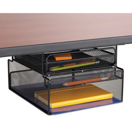 Onyx Hanging Organizer with Drawer, Under Desk Mount, 3 Compartments, Steel Mesh, 12.33 x 10 x 7.25, Black Questions & Answers