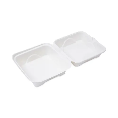 Bagasse Hinged Clamshell Containers, 6 x 6 x 3, White, Sugarcane, 50/Pack, 10 Packs/Carton Questions & Answers