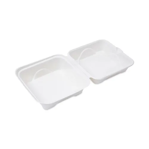 Molded Fiber Hinged Clamshell Containers, 6 x 6 x 3, White, Sugarcane, 50/Pack, 10 Packs/Carton Questions & Answers