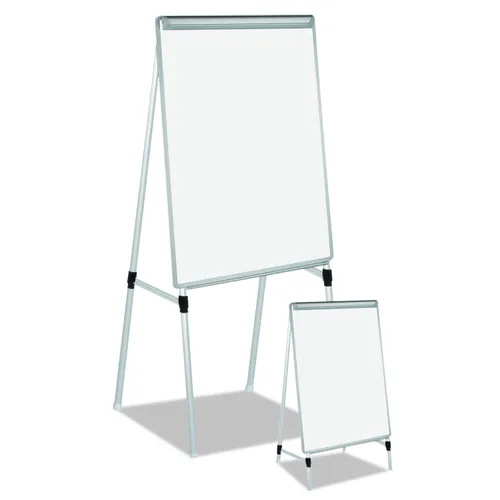 Silver Easy Clean Dry Erase Quad-Pod Presentation Easel, 28" x 39.5", White Surface, Black/Satin Aluminum Frame Questions & Answers