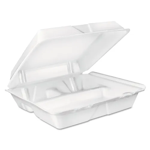 Foam Hinged Lid Container, 3-Compartment, 8 oz, 9 x 9.4 x 3, White, 200/Carton Questions & Answers