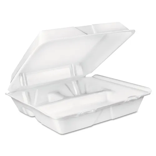 Foam Hinged Lid Container, 3 Compartments, 8 oz, 9 x 9.4 x 3, White, 100/Sleeve, 2 Sleeves/Carton Questions & Answers