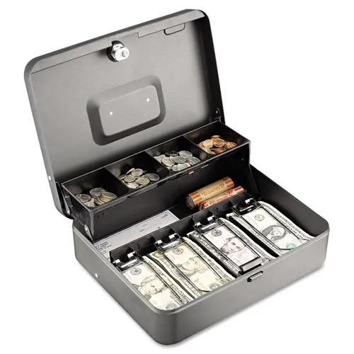 Tiered Cash Box with Bill Weights, 5 Coin Compartments, Cam Key Lock, 11.81 x 9.44 x 3.19, Charcoal Questions & Answers