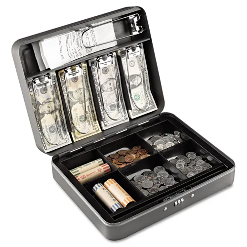 Cash Box with Combination Lock, 6 Compartments, Removable, 11.81 x 9.44 x 3.19, Charcoal Questions & Answers