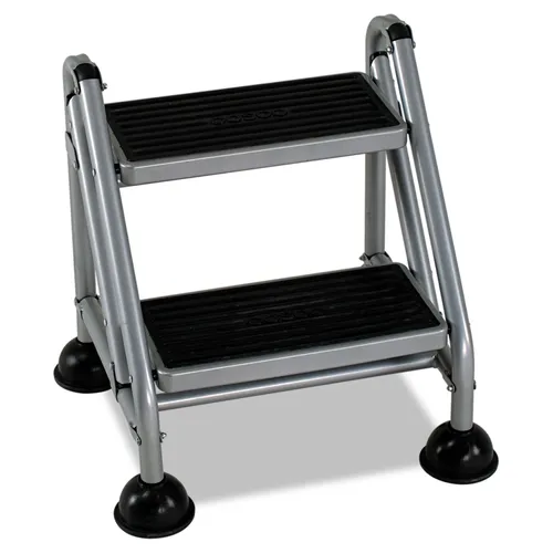 Rolling Commercial Step Stool, 2-Step, 19 7/10 Spread, Platinum/Black Questions & Answers