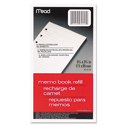 MEMO BOOK REFILL, 6-HOLE, 6.75 X 3.75, MEDIUM/COLLEGE RULE, WHITE, 80/PACK Questions & Answers