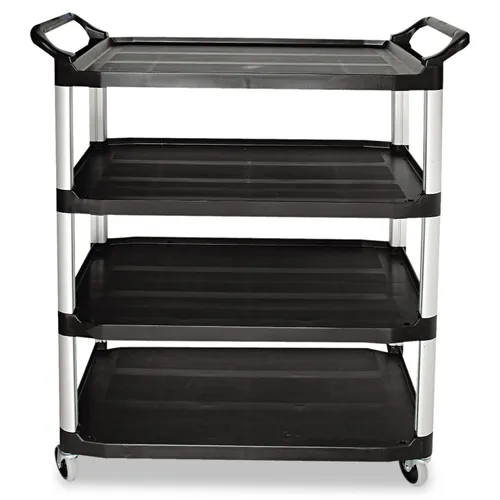 Xtra Utility Cart with Open Sides, Plastic, 4 Shelves, 400 lb Capacity, 40.63" x 20" x 51", Black Questions & Answers