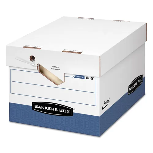 PRESTO Ergonomic Design Storage Boxes, Letter/Legal Files, 12.88" x 16.5" x 10.38", White/Blue, 12/Carton Questions & Answers