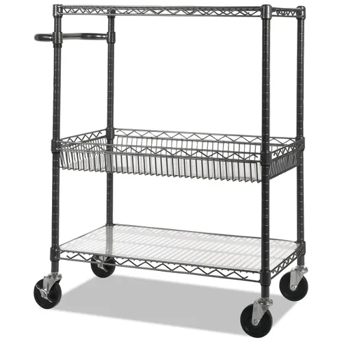 Three-Tier Wire Cart with Basket, Metal, 2 Shelves, 1 Bin, 500 lb Capacity, 34" x 18" x 40", Black Anthracite Questions & Answers