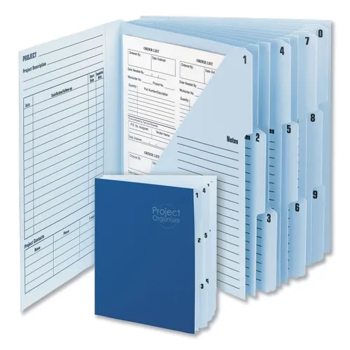 10-Pocket Project Organizer with Indexed Tabs (1-10), 10 Sections, Unpunched, 1/3-Cut Tabs, Letter Size, Lake Blue/Navy Blue Questions & Answers