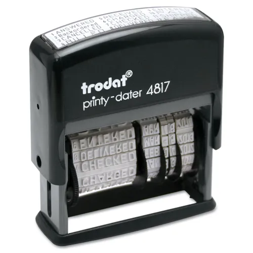 Printy Economy 12-Message Date Stamp, Self-Inking, 2" x 0.38", Black Questions & Answers