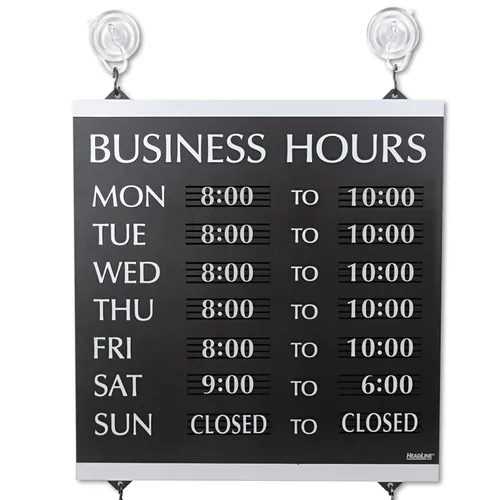 Century Series Business Hours Sign, Heavy-Duty Plastic, 13 x 14, Black Questions & Answers