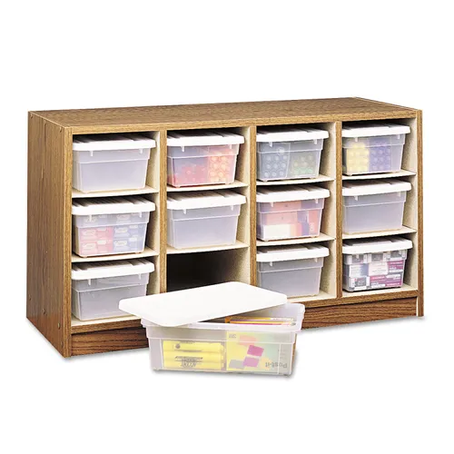 Modular Supplies Organizer, 12 Sections, 34" x 13" x 19", Medium Oak/Clear/White Questions & Answers