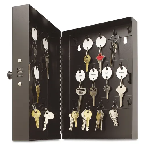 Hook-Style Key Cabinet, 28-Key, Steel, Black, 7-3/4"w x 3-1/4"d x 11-1/2"h Questions & Answers