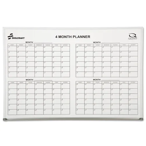 7110015550295, SKILCRAFT Cubicle Calendar Board, 4-Month Planning/Scheduling, 24" x 36", White Surface, Satin Aluminum Frame Questions & Answers