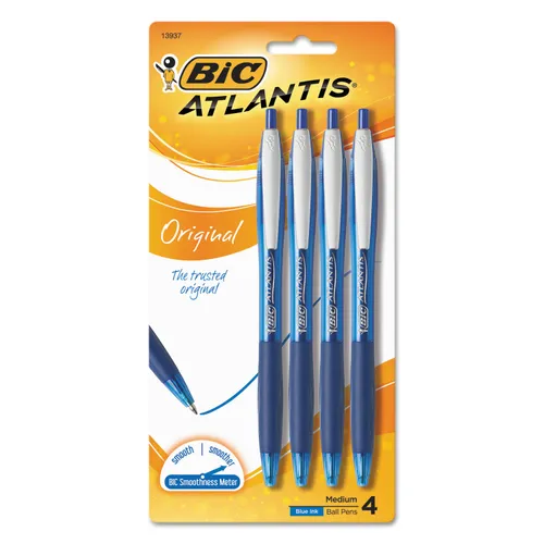 ATLANTIS RETRACTABLE BALLPOINT PEN, MEDIUM 1MM, BLUE INK/BARREL, 4/PACK Questions & Answers