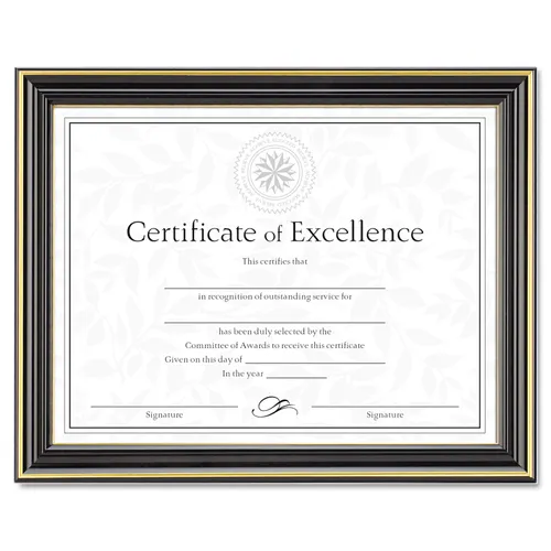 Gold-Trimmed Document Frame with Certificate, Plastic/Glass, 8.5 x 11, Black Questions & Answers