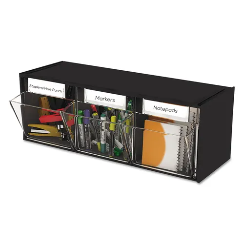 Tilt Bin Interlocking Multi-Bin Storage Organizer, 3 Sections, 23.63" x 7.75" x 9.5", Black/Clear Questions & Answers