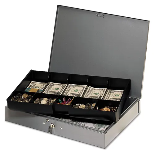 Locking Heavy-Duty Steel Extra-Wide Cash Box, 10 Compartments, Key Lock, 15.38 x 10.5 x 2.25, Gray Questions & Answers