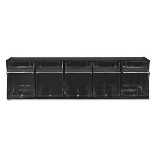 Tilt Bin Interlocking Multi-Bin Storage Organizer, 5 Sections, 23.63" x 5.25" x 6.5", Black/Clear Questions & Answers