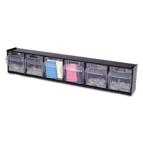 Tilt Bin Interlocking Multi-Bin Storage Organizer, 6 Sections, 23.63" x 3.63" x 4.5", Black/Clear Questions & Answers