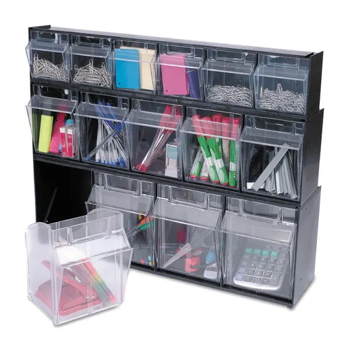 Tilt Bin Interlocking Multi-Bin Storage Organizer, 4 Sections, 23.63" x 6.63" x 8.13", Black/Clear Questions & Answers