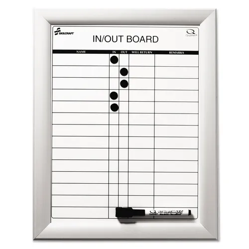 7520014845261, SKILCRAFT Magnetic In/Out Board, 14-Person Tracking, 11" x 14", White Surface, Anodized Aluminum Frame Questions & Answers