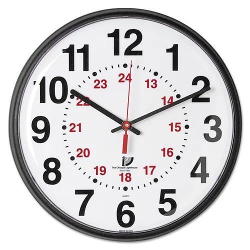 BLACK QUARTZ 12-24 HOUR WALL CLOCK, 12.75" OVERALL DIAMETER, BLACK CASE, 1 AA (SOLD SEPARATELY) Questions & Answers