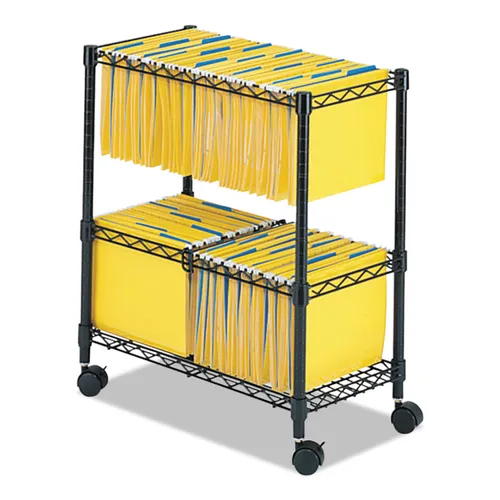 Two-Tier Rolling File Cart, Metal, 3 Bins, 25.75" x 14" x 29.75", Black Questions & Answers