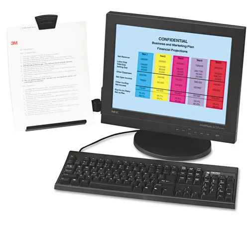 Document Holder for Flat Panel Monitors, 35 Sheet Capacity, Plastic, Black/Clear Questions & Answers