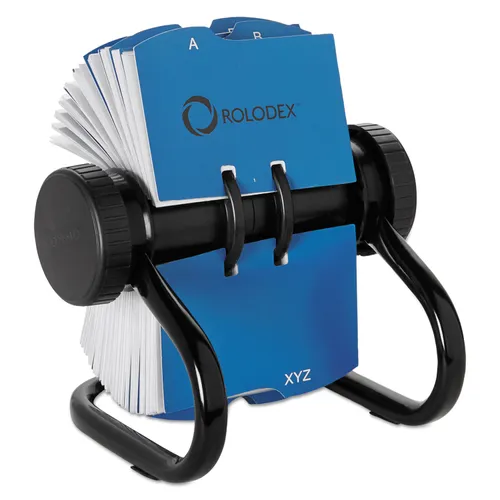 Open Rotary Business Card File with 24 Guides, Holds 400 2.63 x 4 Cards, 6.5 x 5.61 x 5.08, Metal, Black Questions & Answers