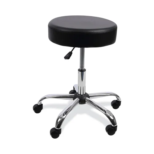 Height Adjustable Lab Stool, Backless, Supports Up to 275 lb, 19.69" to 24.80" Seat Height, Black Seat, Chrome Base Questions & Answers