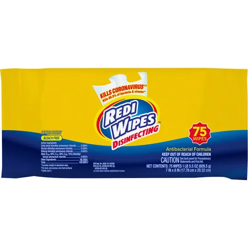 Disinfecting Redi Wipes, Lemon Scent, 8" Length x 7" Width, 75 / Pack, 12 / Carton, Antibacterial, Chlorine-free, Bleach-free, Ammonia-free, Yellow Questions & Answers