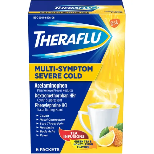 Multi-Symptom Severe Cold & Cough Medicine, For Cold, Flu, Nasal Congestion, Cough, Body Ache, Sore Throat, Sinus Pain, Headache, Fever, Honey Lemon, 1 Each, 6 Per Box Questions & Answers